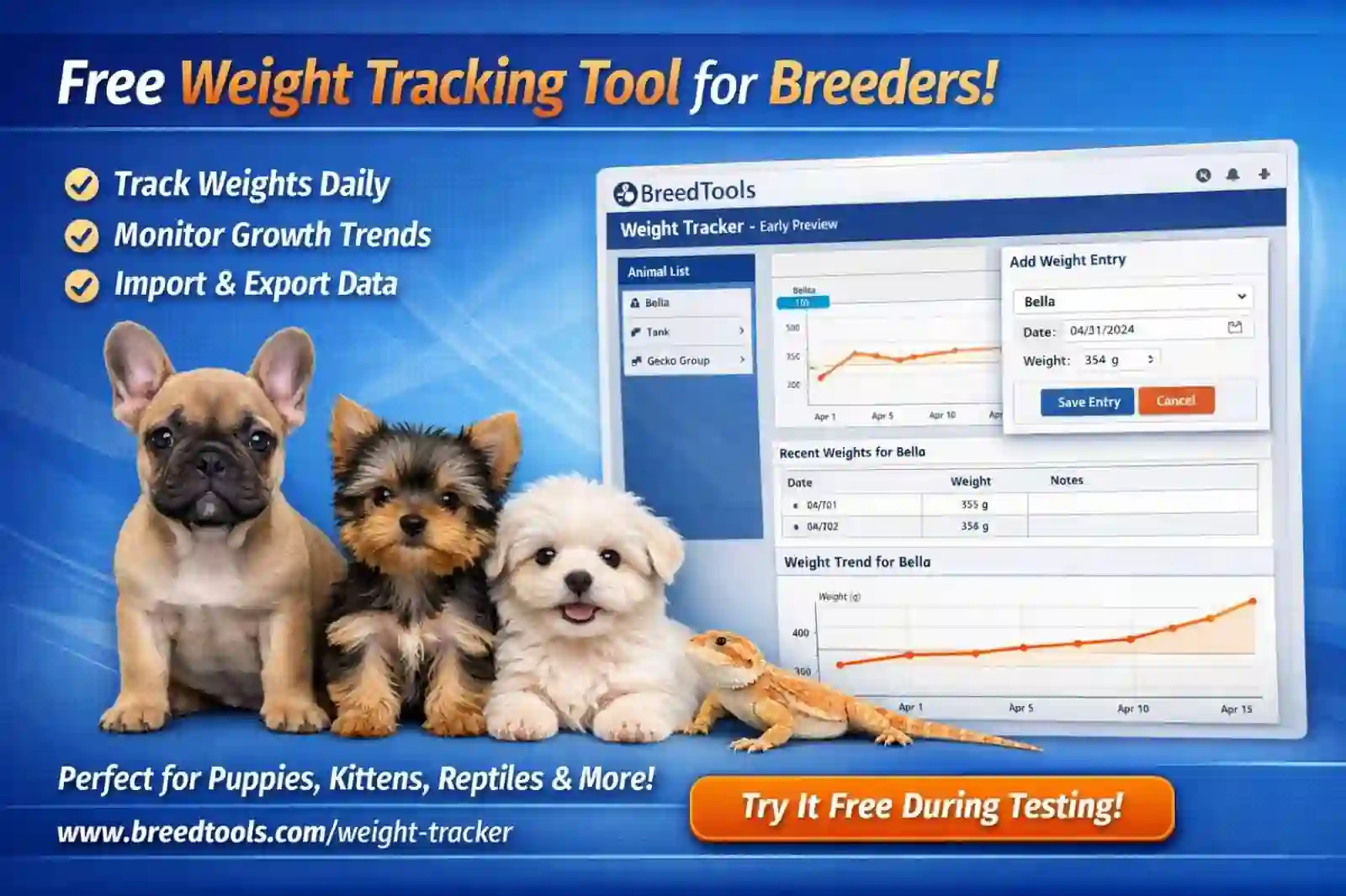 Animal Weight Tracker chart and entry interface