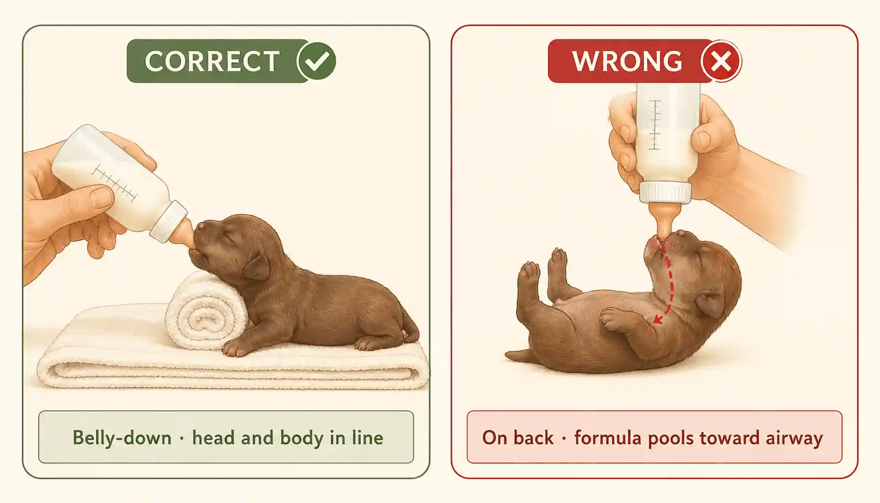 Side-by-side illustration: correct bottle feeding position (newborn puppy belly-down on a towel, head and body in line, bottle angled slightly downward) versus wrong position (puppy on its back like a human baby with formula pooling toward the airway).