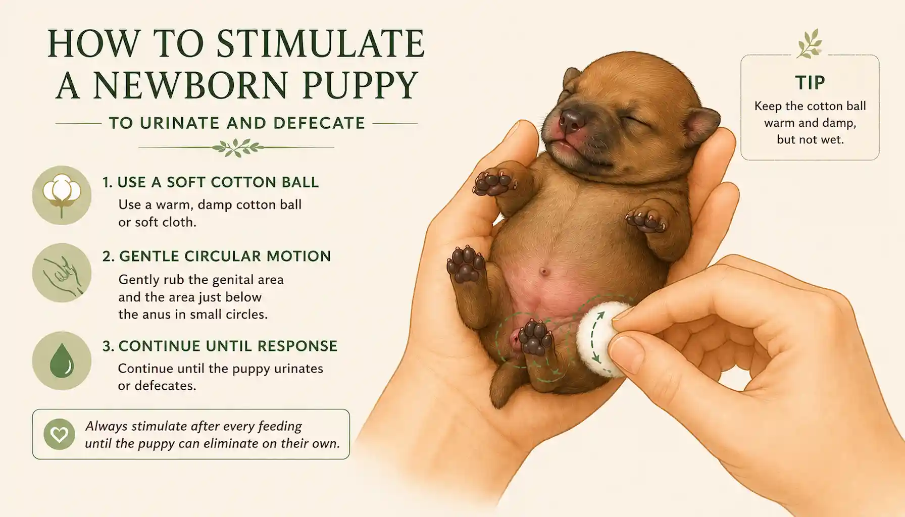 Illustration of correct elimination stimulation technique: a person cradles a newborn puppy belly-up in one hand while gently stroking the genital and anal area with a warm, moist cotton ball held in the other hand.