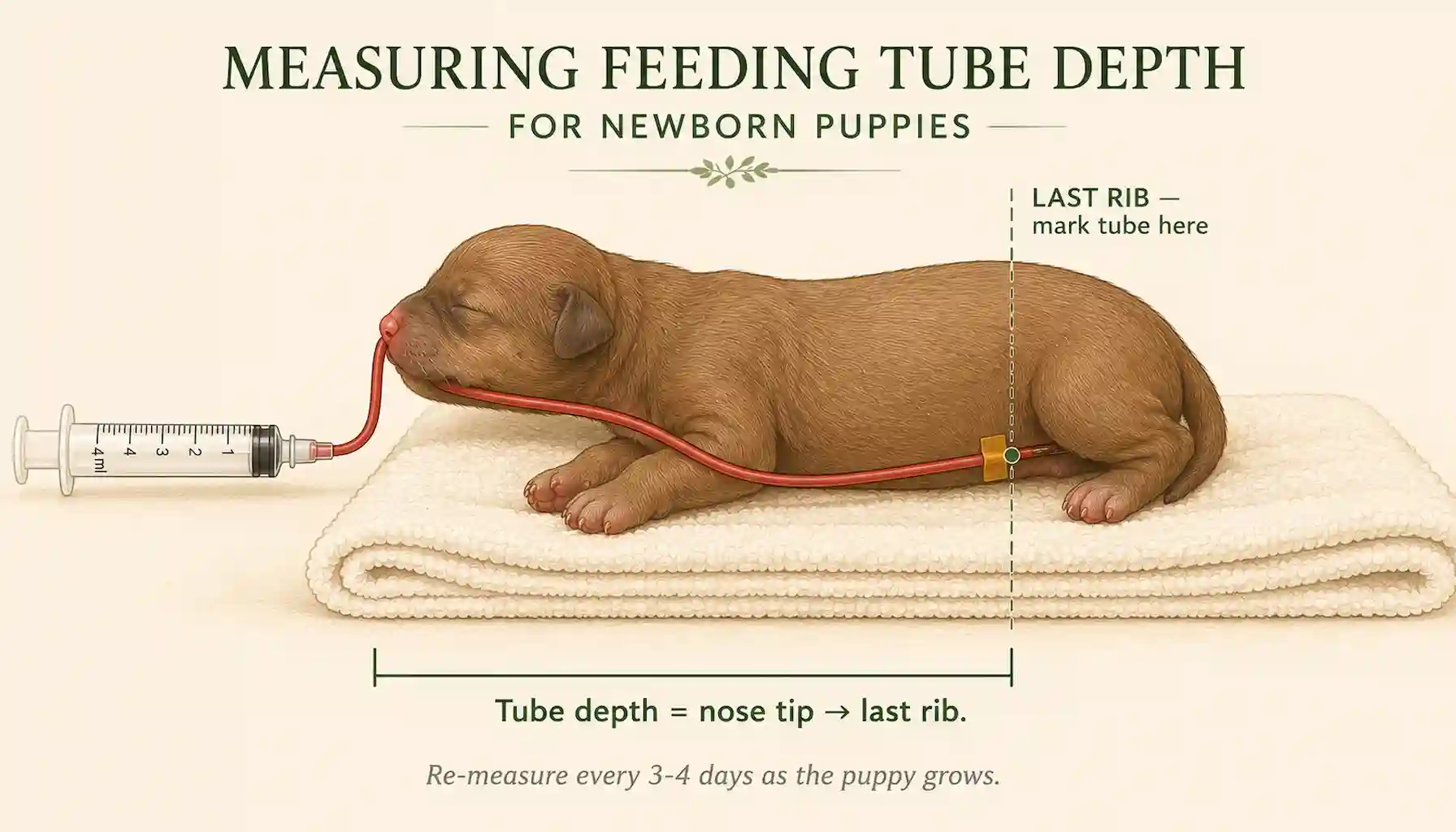 Diagram of a feeding tube laid against a newborn puppy from nose tip along the jaw down to the last rib, with a tape mark on the tube indicating maximum insertion depth and a syringe at the proximal end.